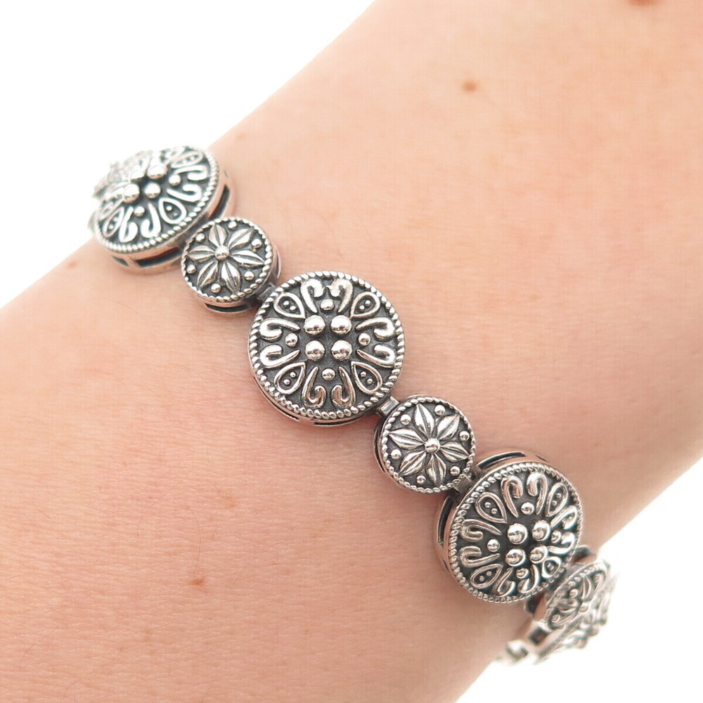 925 Sterling Silver Vintage Floral Disc Link Oxidized Bracelet 7"